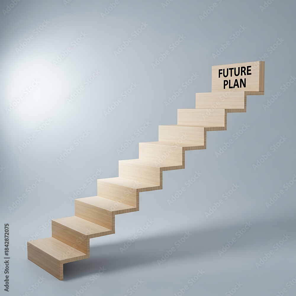 Obraz premium Wooden staircase with future plan text on top step against gray background