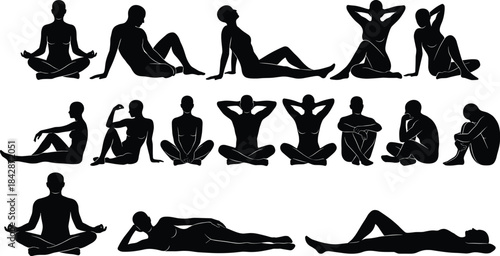 Set of Human Silhouettes Sitting Lying and Resting in Different Poses Vector Illustration