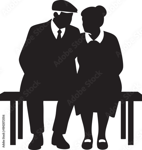 Senior Couple Silhouette Sitting on Bench - Elderly Man and Woman Together Vector