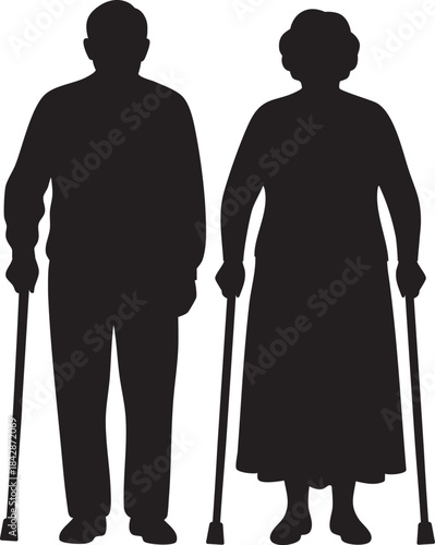 Elderly Couple Silhouette Standing with Walking Canes - Full Body Front View Vector