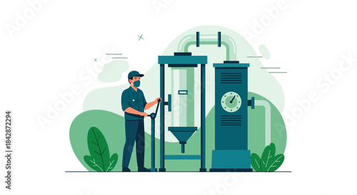 Illustration featuring factory worker operating machinery in a processing plant system setting