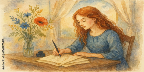 Smiling young woman sitting at home reading a book and studying on her laptop