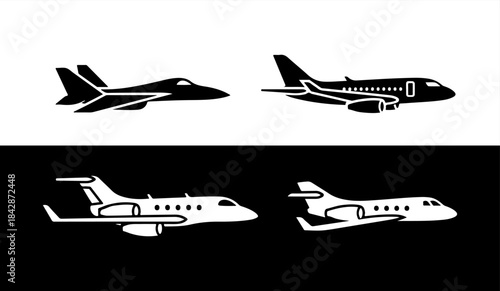 Collection of different types of airplanes in black and white