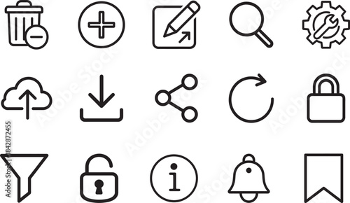   Thin outlined function icon set for interface, tools, utilities and modern UI design.