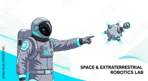 Illustration of a futuristic spaceman exploring deep space with an advanced robot helper