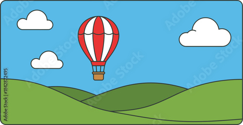 Bright red and white striped hot air balloon ascends over rolling green hills under a clear blue sky with fluffy white clouds isolated on white background