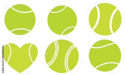 Set of six bright green tennis ball shapes and icons