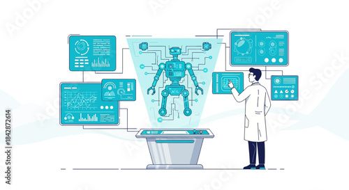 Illustration of a scientist developing a futuristic robot with advanced technology interface