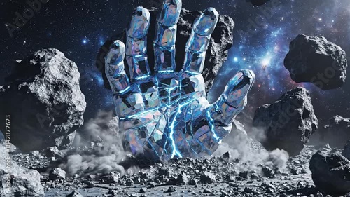 Giant robotic hand emerges from asteroid field with cosmic energy