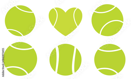 Set of six bright green tennis ball shapes and icons