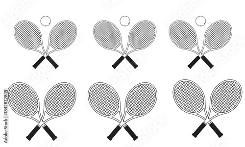 Set of six tennis rackets with balls in different orientations