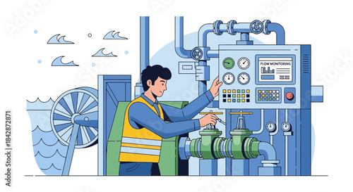 Illustration of a water treatment plant operator monitoring flow and adjusting valves with