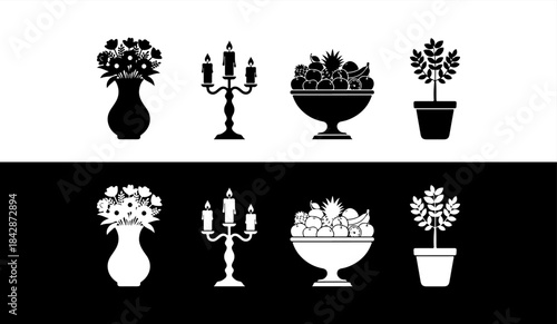 Collection of black and white icons featuring various household items