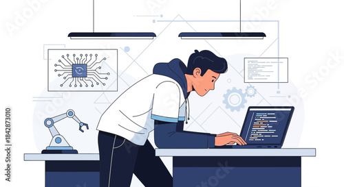 Illustration of a young software developer working on a laptop in a modern workspace