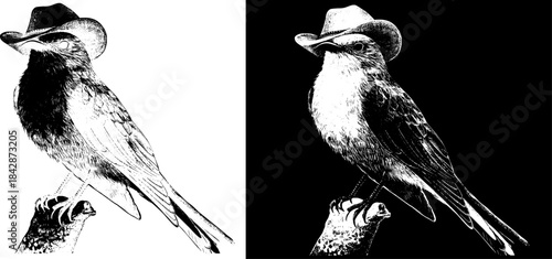 Vintage Bird Engraving with Cowboy Hat, Inverted Black White Xerography Vector for Laser Engraving on Dark Background