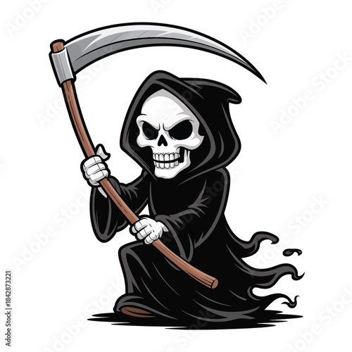 Cartoon Grim Reaper Holding a Scythe on a White Background death skeleton