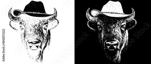 Vintage Bison Engraving with Cowboy Hat, Inverted Black White Xerography Vector for Laser Engraving on Dark Background