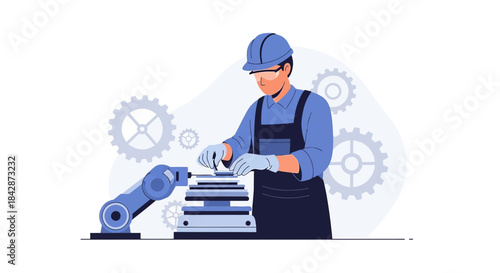 Illustration of robotic automation in manufacturing precision with human worker safety