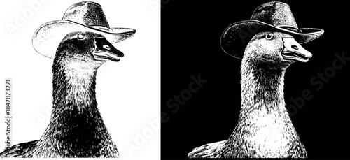 Vintage Goose Engraving with Cowboy Hat, Inverted Black White Xerography Vector for Laser Engraving on Dark Background