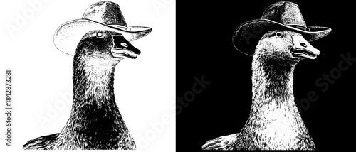 Vintage Goose Engraving with Cowboy Hat, Inverted Black White Xerography Vector for Laser Engraving on Dark Background