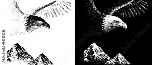 Vintage Eagle Engraving over Mountains, Inverted Black White Xerography Vector for Laser Engraving on Dark Background