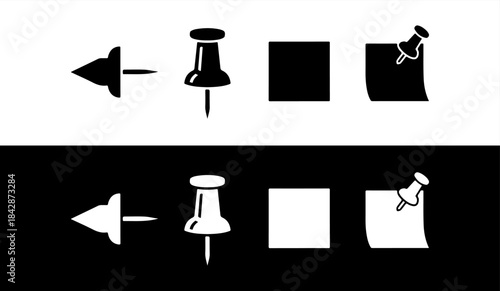 Black and white push pin icons on contrasting backgrounds