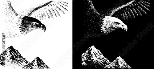 Vintage Eagle Engraving over Mountains, Inverted Black White Xerography Vector for Laser Engraving on Dark Background