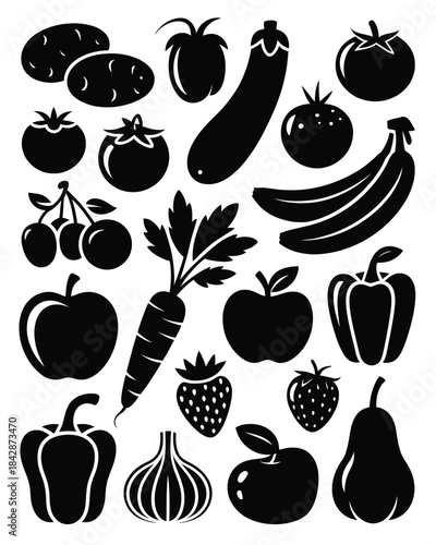 Collection of Black Silhouettes of Various Fruits and Vegetables food produce