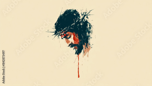 Jesus Christ Wearing Crown of Thorns on Clean Background. Easter Passion, Religious Art.