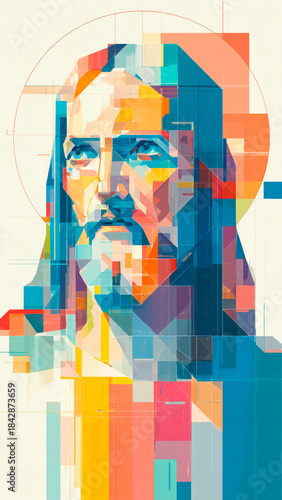 Jesus Christ Portrait in Geometric Shapes. Modern Religion, Holy Spirit.