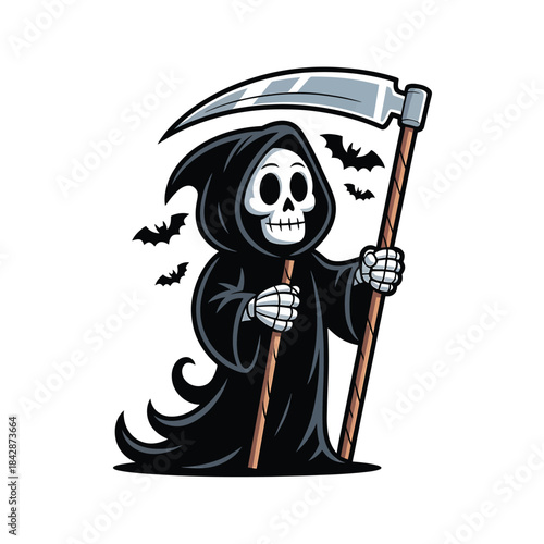 Cute cartoon grim reaper with scythe and bats on white background death halloween