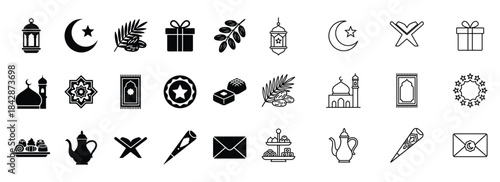 Islamic celebration vector illustration set. lantern, crescent, palm, gift, holy book