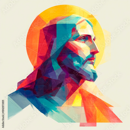Jesus Christ Profile with Golden Halo in Colorful Illustration. Sacred Icon, Religious Symbol.