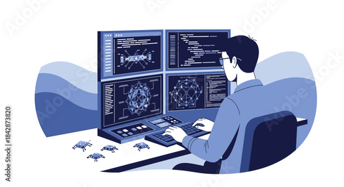 Illustrative depiction of a developer engaged in coding and data analysis activities in a