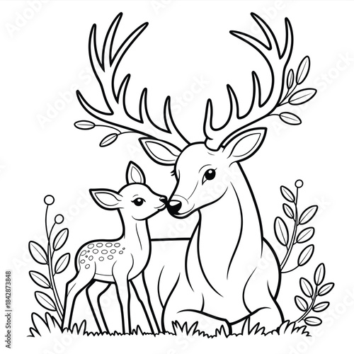 Deer Mother And Fawn Coloring Page With Plants stag baby deer