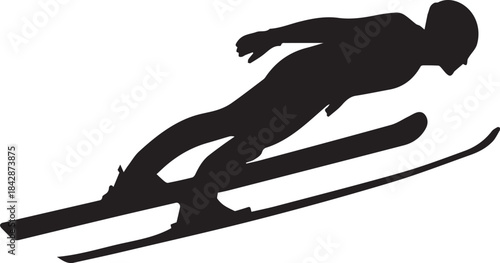 Black silhouette of a ski jumper in mid-air on white background skiing winter sport