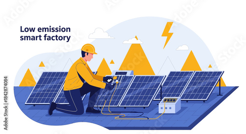 Illustrative depiction of a technician working on solar panels for clean energy solutions