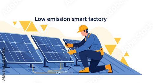 Illustrative worker connecting solar panels for eco-friendly energy production at a factory or
