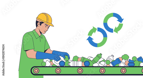 Illustrative worker sorting recyclable plastic bottles on a conveyor belt at recycling plant