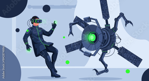 Immersive future collaboration man in virtual reality interacting with advanced robotic technology