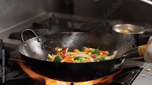 Vibrant fresh vegetables stir frying intensely inside a hot carbon steel wok over powerful flames in a busy professional kitchen environment