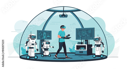 Immersive Robotic Design: Engineer using VR to oversee and interact with autonomous robots in the