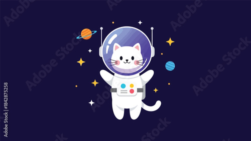 Cute Cat Astronaut Floating in Space Vector Illustration.