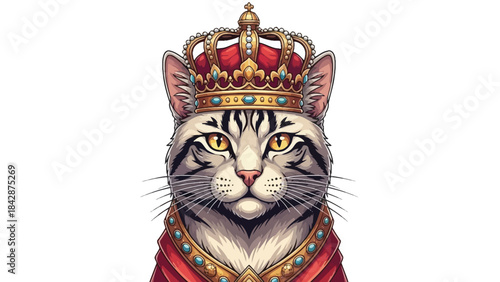 Royal Cat Portrait with Crown and Mantle. King Feline Illustration.