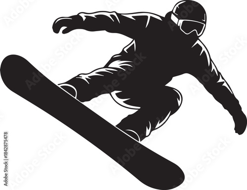 Black silhouette of a snowboarder in mid-air performing a trick snowboarding black and white
