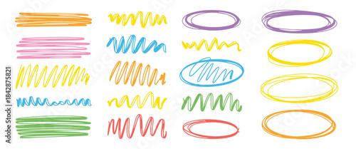 Assortment of Colorful Hand- Drawn Scribble Lines and Oval Shapes Keywords: colorful, hand-drawn, scribbles, lines, ovals, shapes, markers, doodles