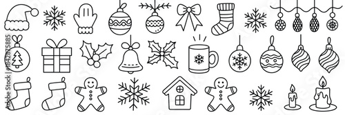 Christmas Doodle Icons Set with Santa Hat Mitten Snowflakes Ornaments and Gingerbread Man Keywords: Christmas, doodle, icons, set, Santa hat