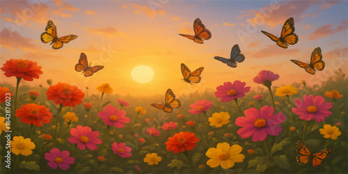 A bright spring nature illustration of a field of red tulips with a bird and butterfly silhouette against an orange sunset sky design