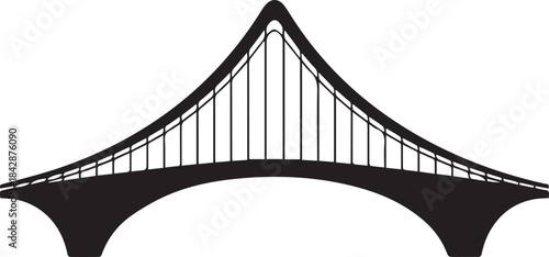 Black silhouette of a suspension bridge with arched supports black and white architecture
