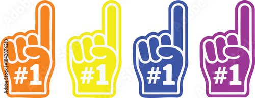 Fan foam hands number one set. Vector illustration of sports fan finger gloves with #1 sign. Collection of red, blue, green, black icons for game support. Winner champion concept. 